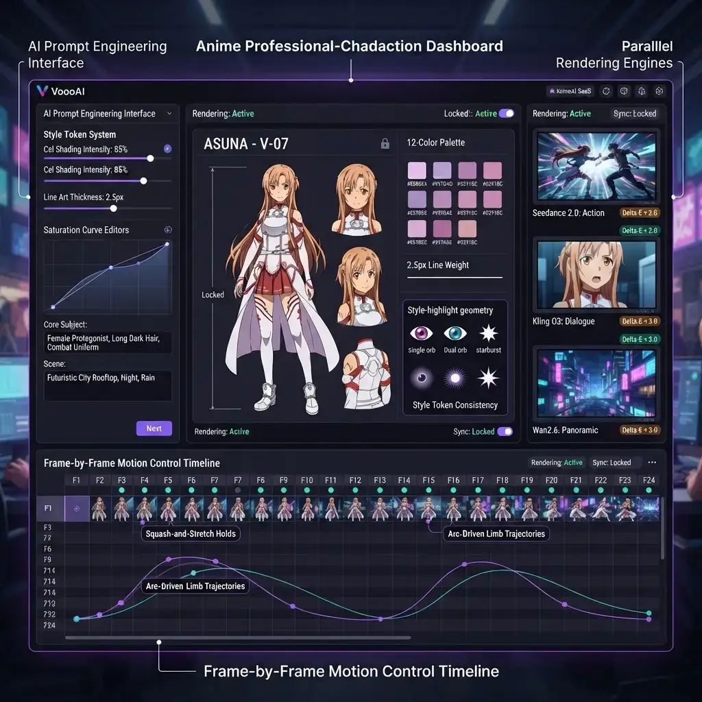 Anime prompt engineering template with character consistency pipeline in VoooAI using Wan2.6 and Seedance 2.0 engines