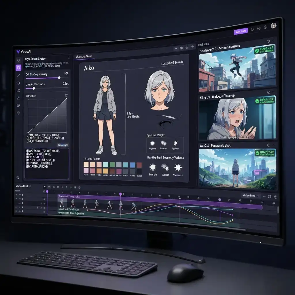 Three-engine anime video production workflow with locked style tokens and Delta-E validation in VoooAI