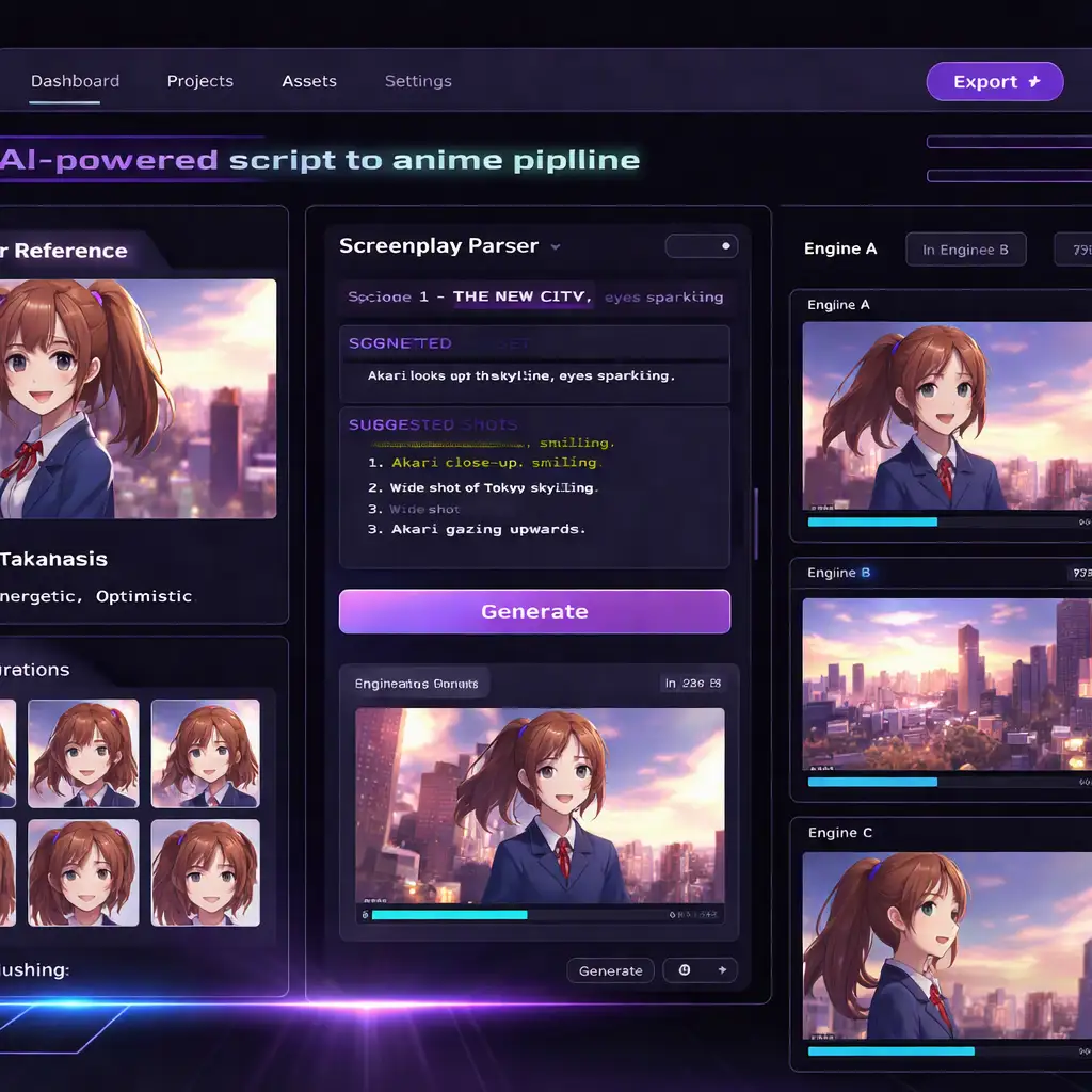 AI script to anime video pipeline in VoooAI showing character sheet locking and three-engine parallel rendering for consistent cel-shaded episodes