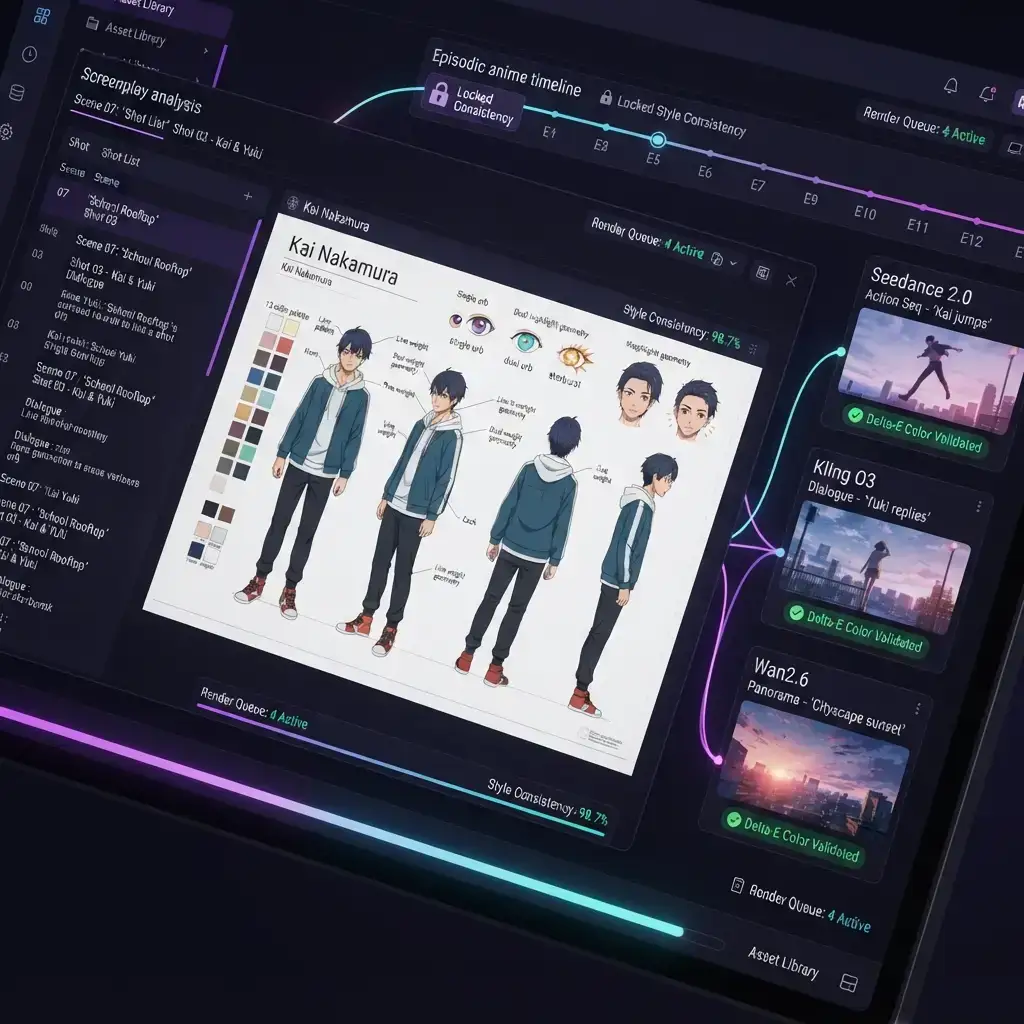 Anime episode style consistency validation with Delta-E color distance check across action dialogue and panorama scenes in VoooAI