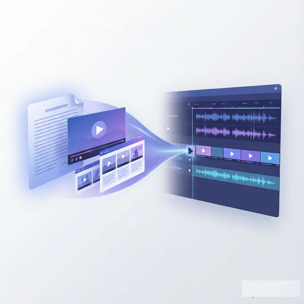 Conceptual diagram of a generate-then-edit AI video workflow: a script turns into generated scenes on the left, then an editing timeline with audio tracks refines them on the right