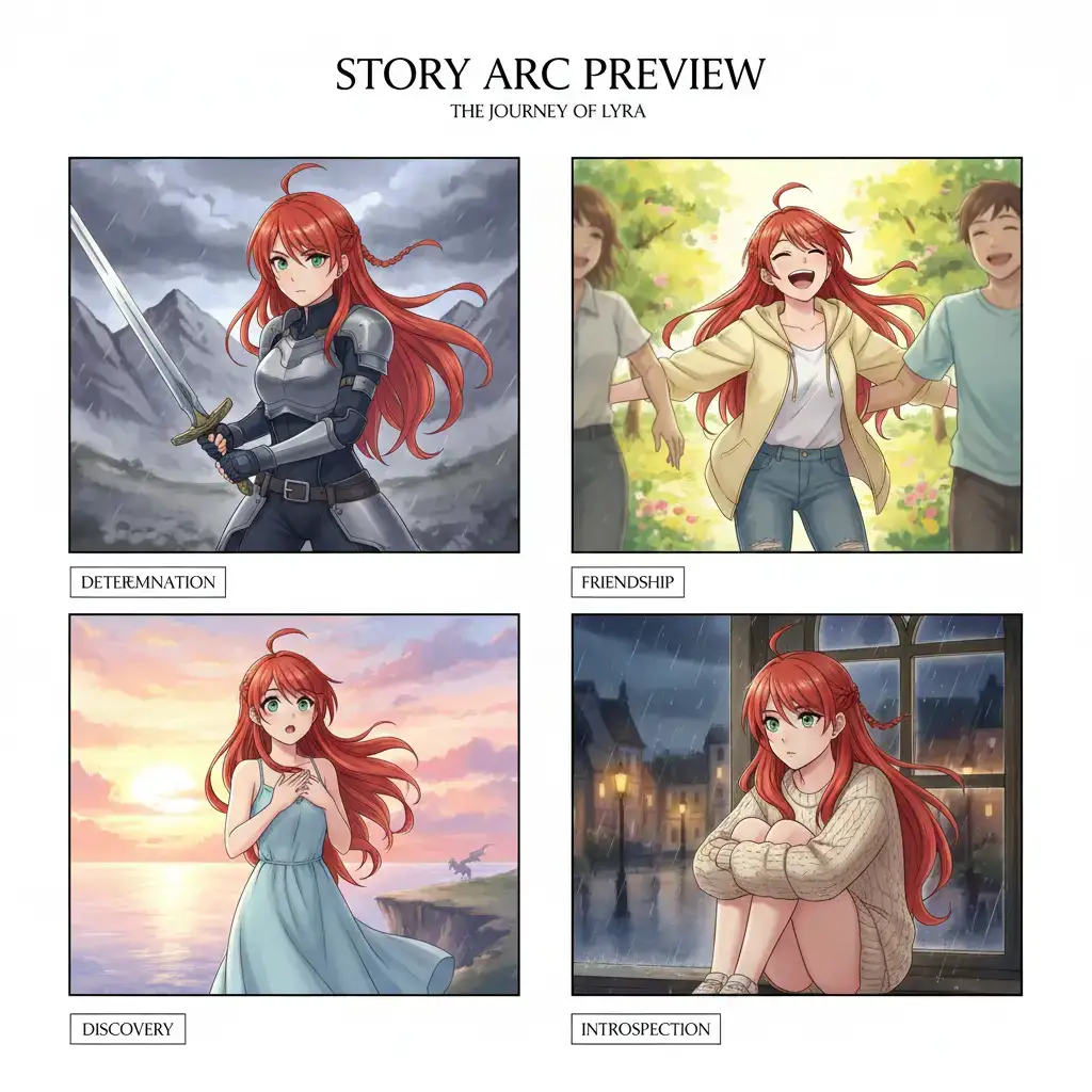 Anime character story template with consistent characters