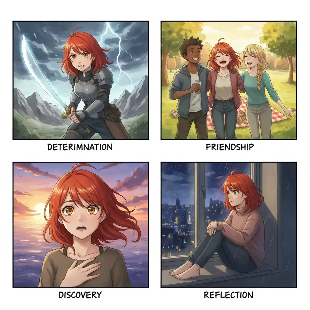 Anime character story template with consistent characters