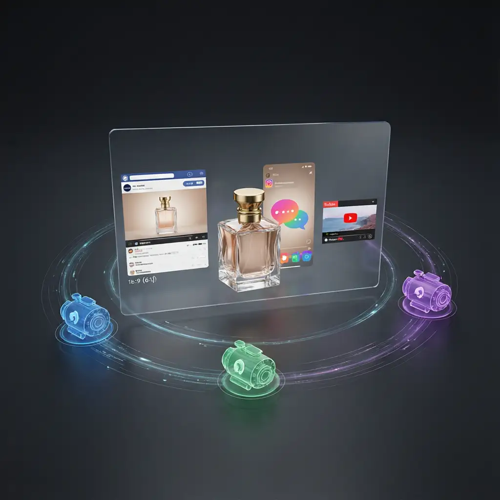 VoooAI ad video automation canvas generating multi-platform ad variants from single product concept with three parallel AI rendering engines