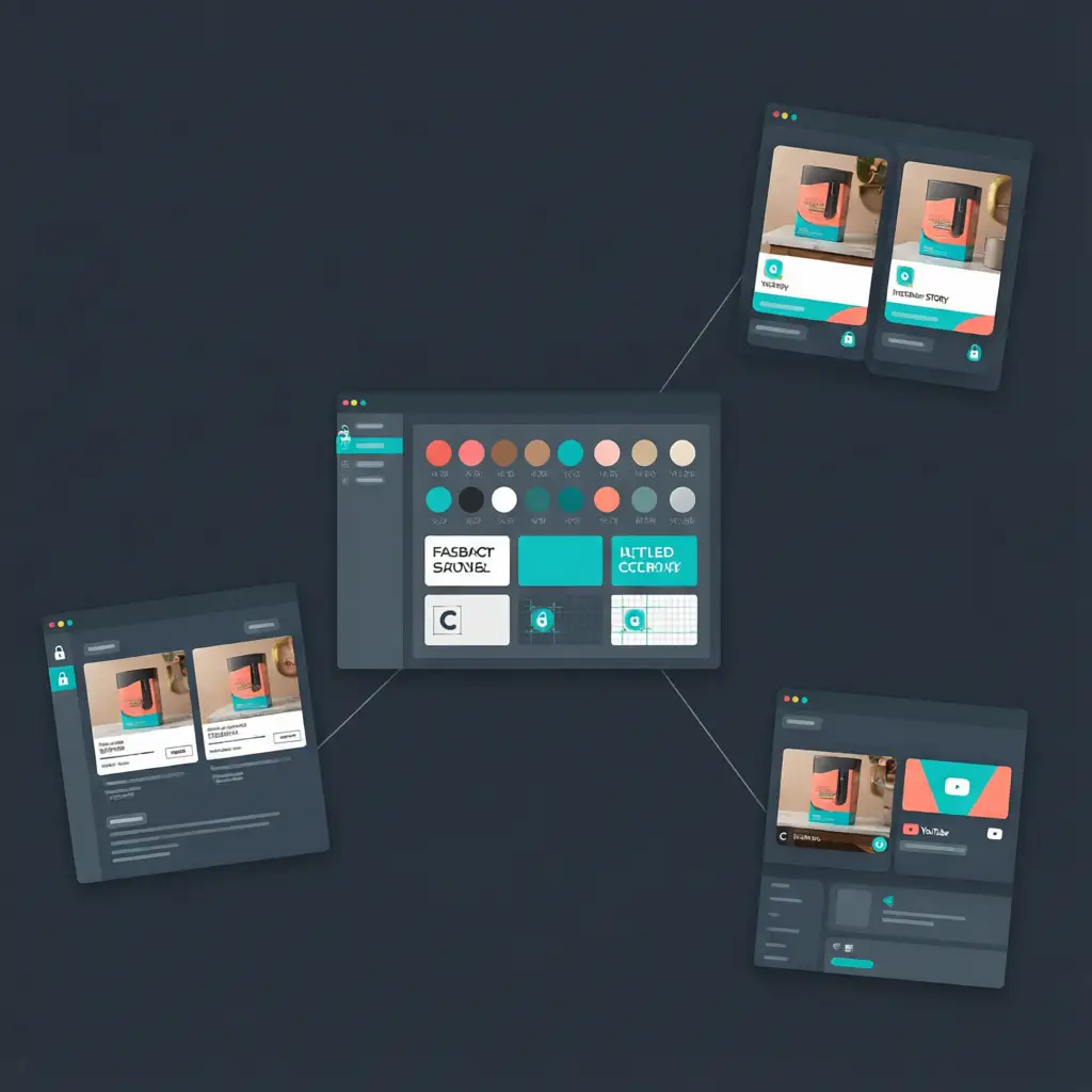 VoooAI workflow canvas showing locked brand style sheets maintaining consistency across Facebook, Instagram Story, and YouTube bumper ad formats