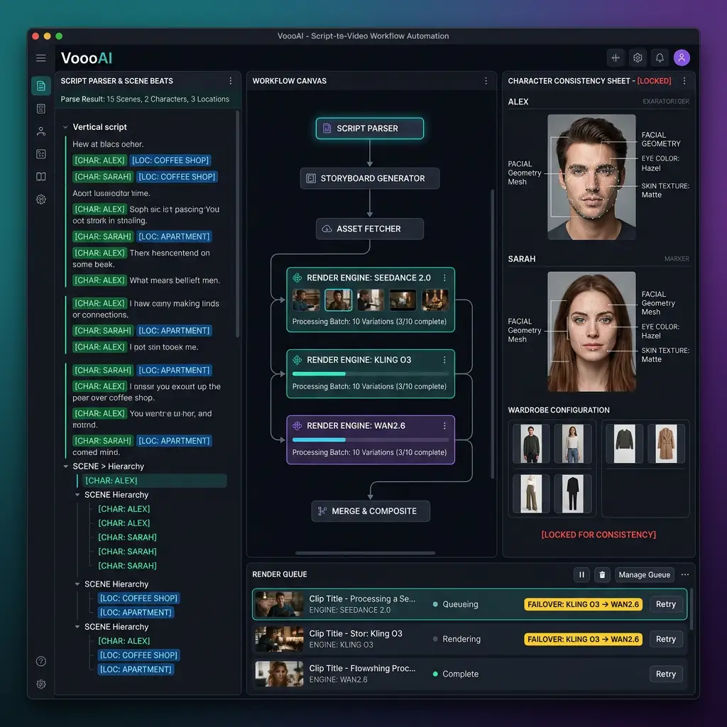 VoooAI workflow automation canvas for short-form vertical video production with multi-engine parallel rendering and locked character consistency