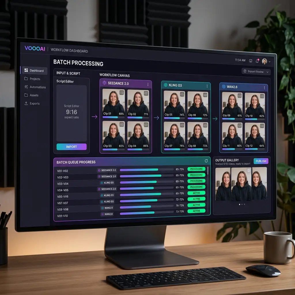 VoooAI workflow automation canvas showing complete pipeline from script input to finished video output with batch processing of 10 variations