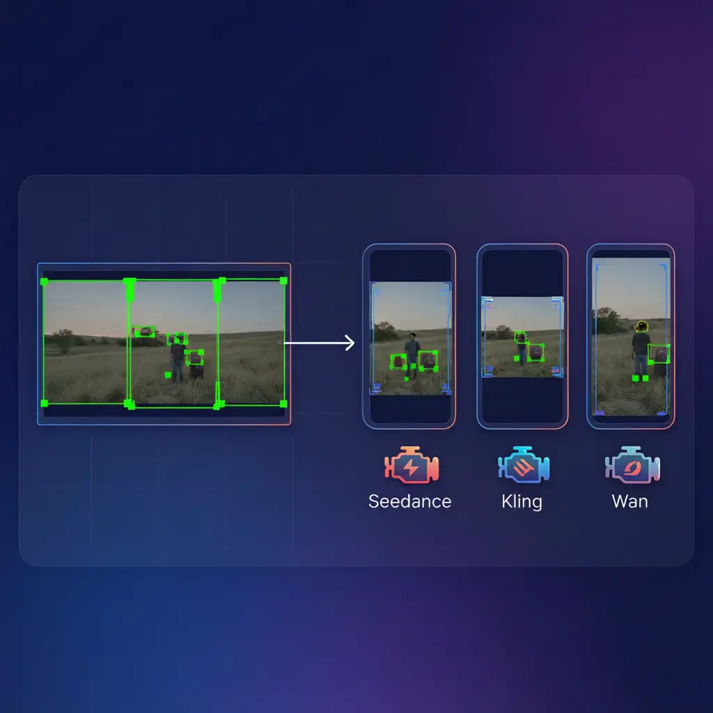 VoooAI workflow canvas showing horizontal-to-vertical scene-aware reframing pipeline with three parallel AI rendering engines for YouTube Shorts batch production