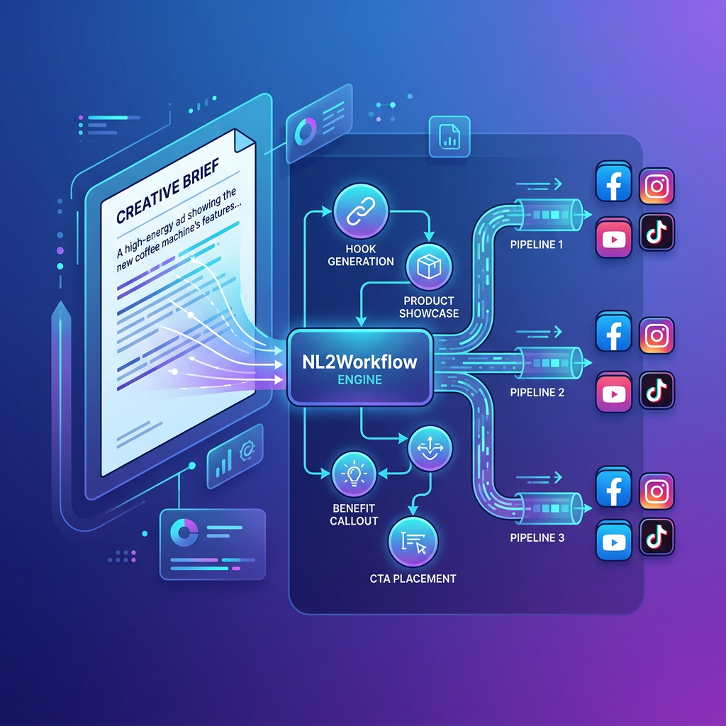 Automated ad video workflow template NL2Workflow engine with three parallel rendering engines in VoooAI dashboard