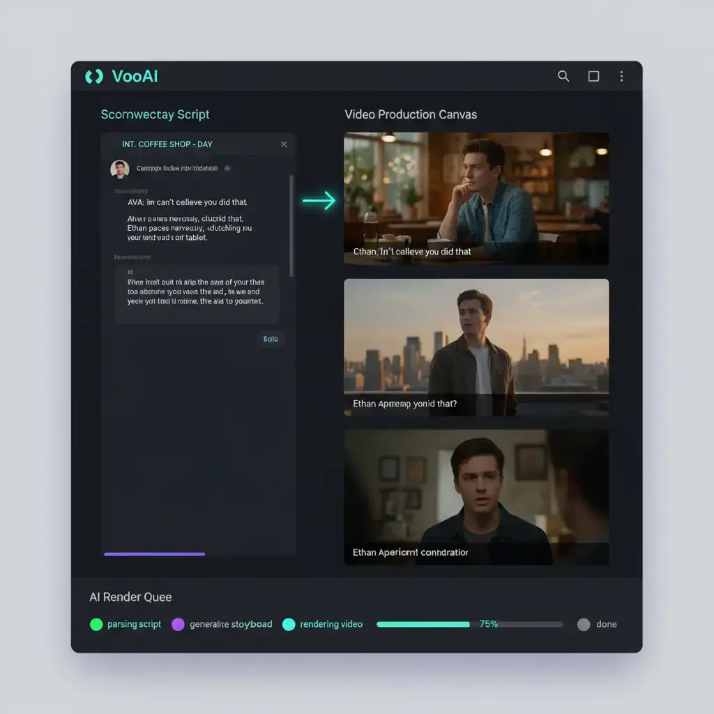ChatGPT screenplay flowing into VoooAI three-engine parallel rendering dashboard with Kling O3, Seedance 2.0 and Wan2.6 preview cards