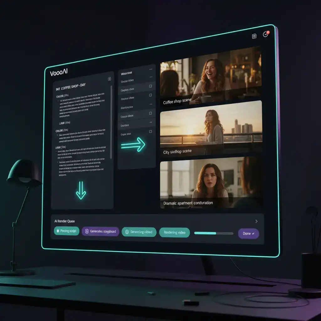 ChatGPT script-to-video AI workflow dashboard converting a GPT screenplay into vertical 9:16 videos with consistent character (VoooAI)
