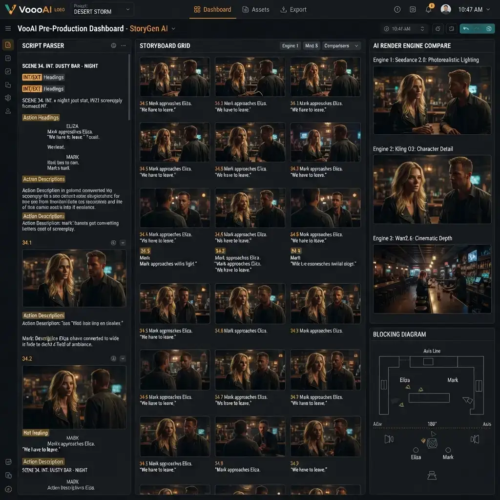 Movie script storyboard template with AI-generated visual panels in VoooAI