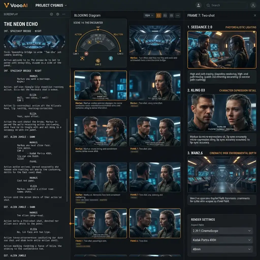 Movie storyboard template multi-engine comparison view in VoooAI editor