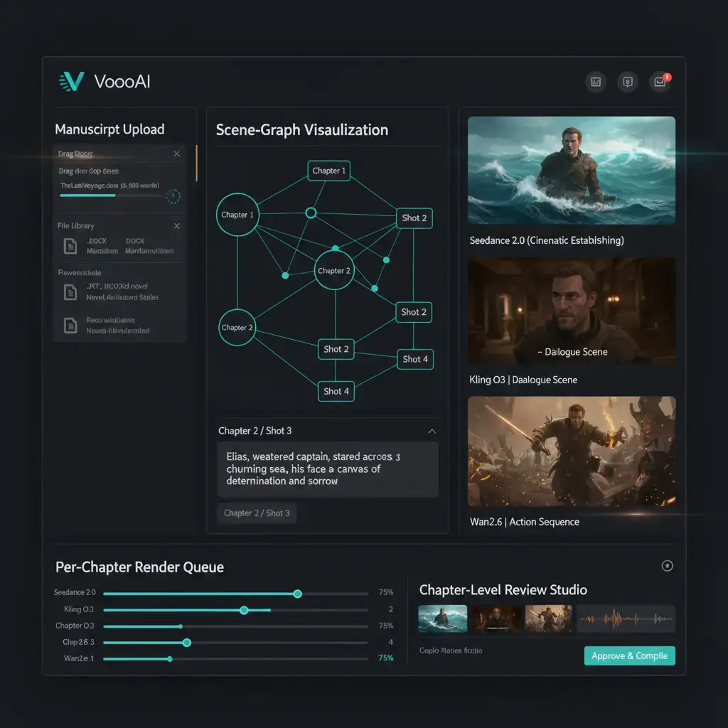 Novel manuscript chapters flowing into VoooAI three-engine parallel rendering dashboard with Kling O3, Seedance 2.0 and Wan2.6 preview cards showing consistent character portraits across episodes