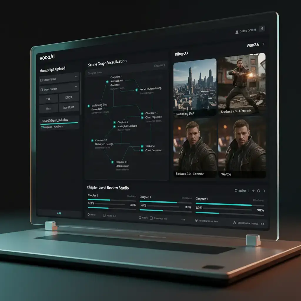 Novel manuscript flowing into VoooAI three-engine parallel rendering dashboard with consistent character portraits across episodes