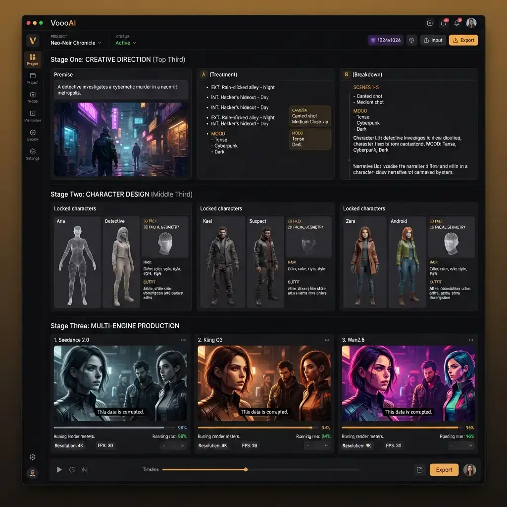 Screenplay to video AI three-stage director workflow in VoooAI with creative direction, character design and multi-engine production