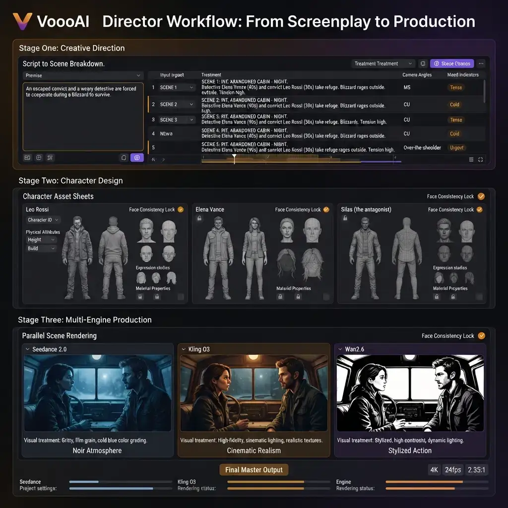 Screenplay to video AI per-scene multi-engine rendering with character consistency locking in VoooAI director mode