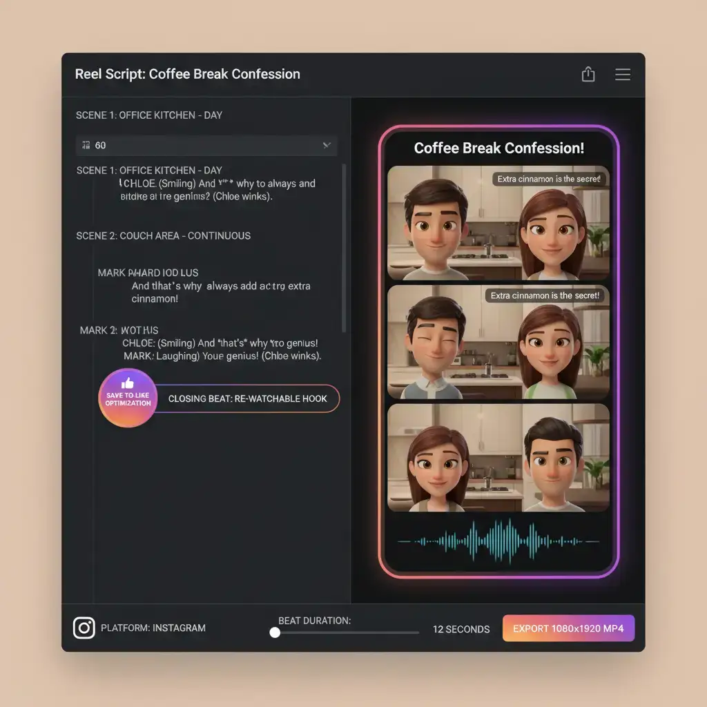 Script-to-video AI rendering a vertical 9:16 Instagram Reel with consistent character across beats (VoooAI)