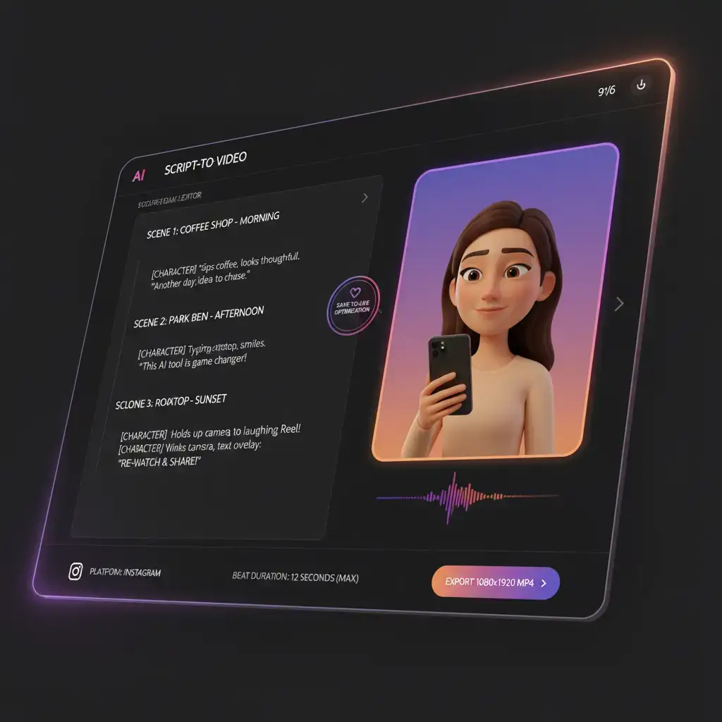 Script-to-video AI rendering a vertical 9:16 Instagram Reel with consistent character and music-sync waveform indicator (VoooAI)