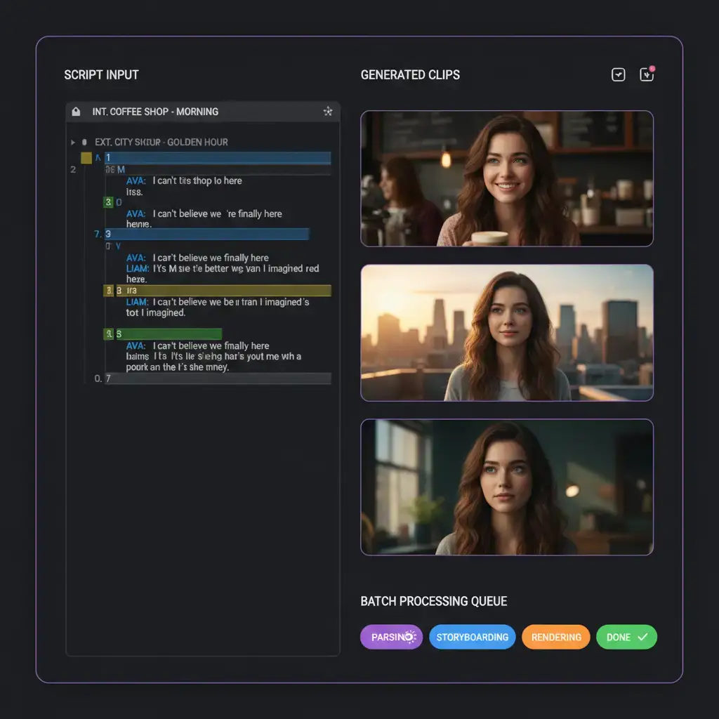 Script-to-video AI dashboard parsing a screenplay into vertical 9:16 short videos with consistent character (VoooAI)