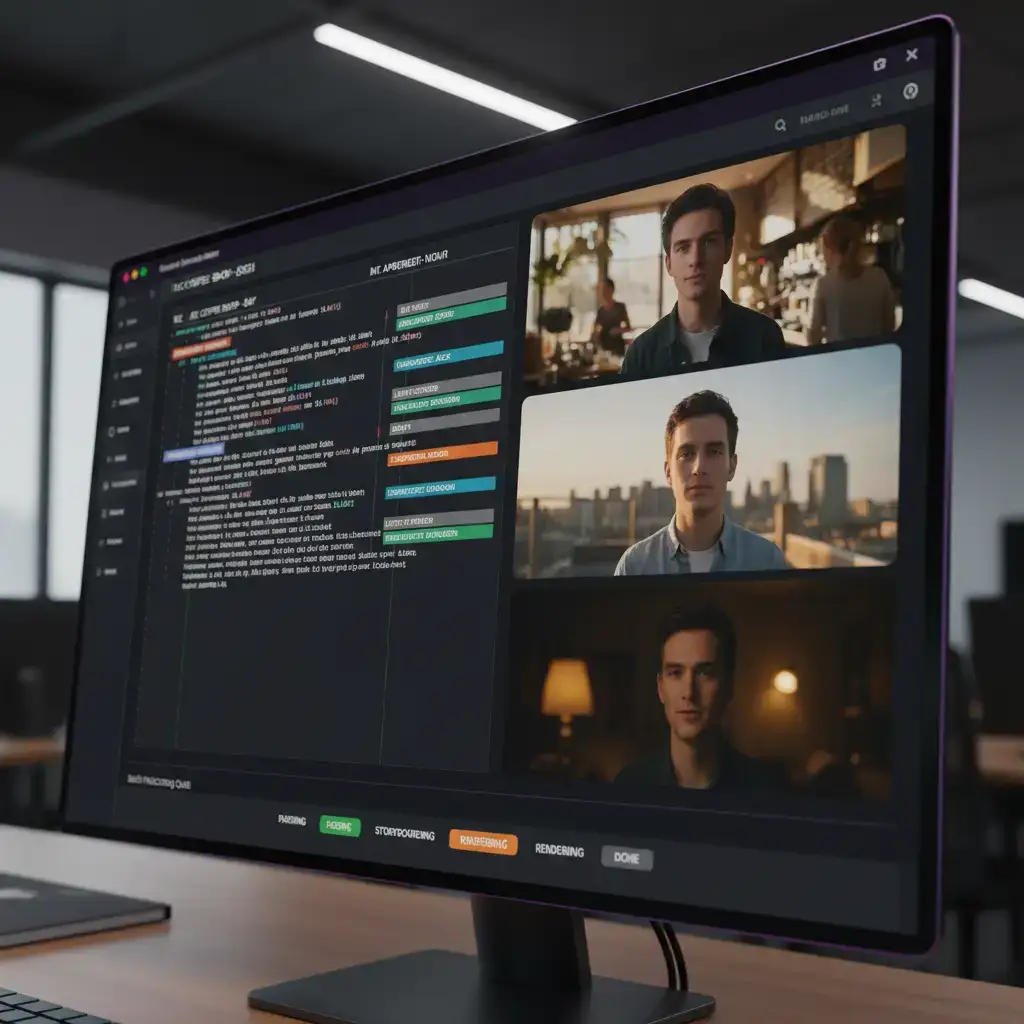 Script-to-video AI dashboard parsing a screenplay into vertical 9:16 short videos with consistent character (VoooAI)