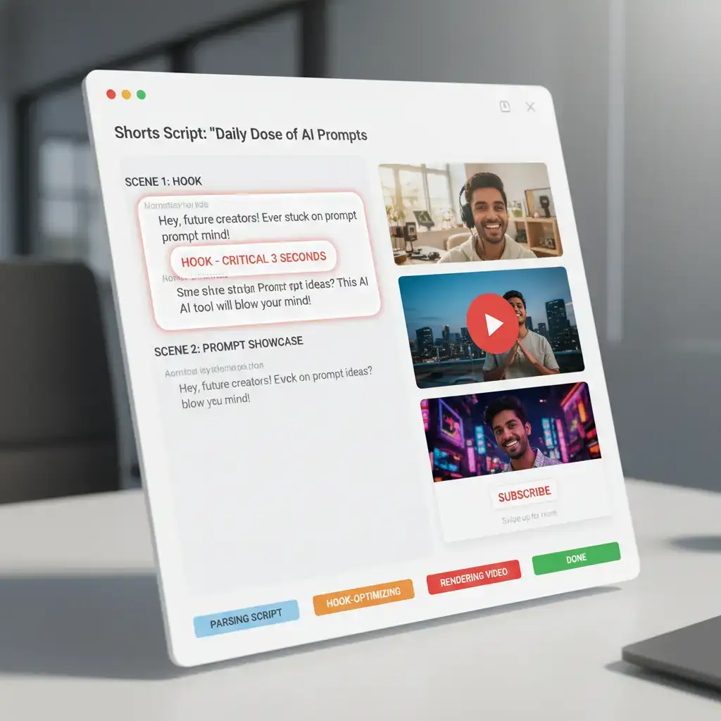 Script-to-video AI dashboard optimizing the 3-second hook window for YouTube Shorts with consistent creator face across episodes (VoooAI)