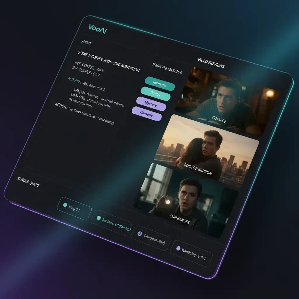 Short drama script template editor with multi-engine render preview in VoooAI AI video production dashboard