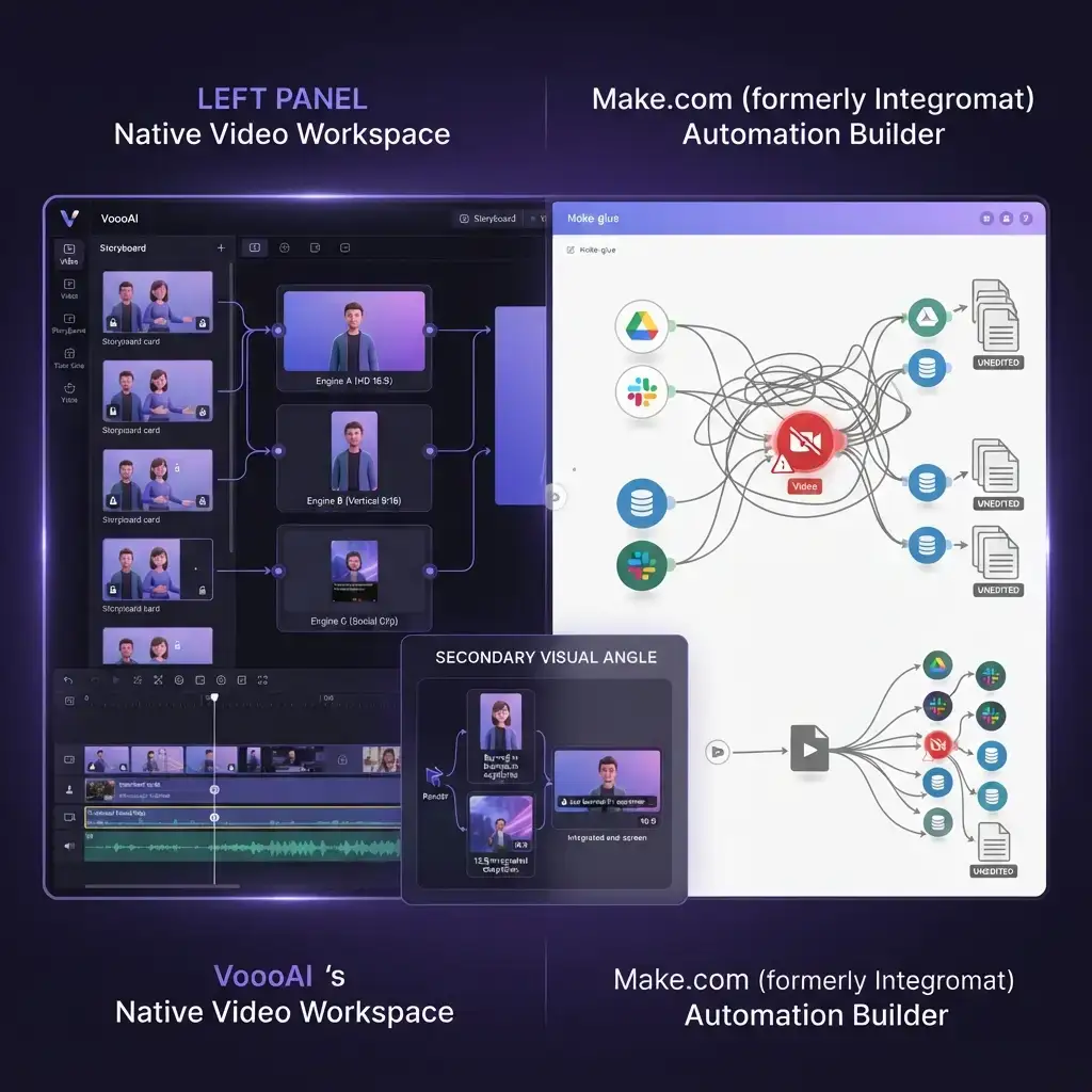 VoooAI vs Make.com: native video generation canvas versus app-connection automation glue
