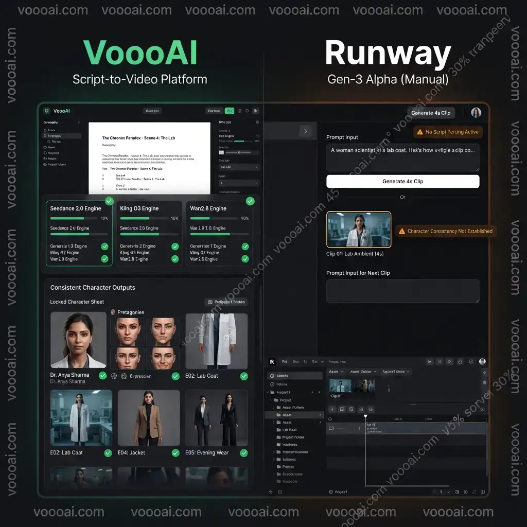 VoooAI vs Runway script to video: multi-engine screenplay pipeline versus single-clip generator
