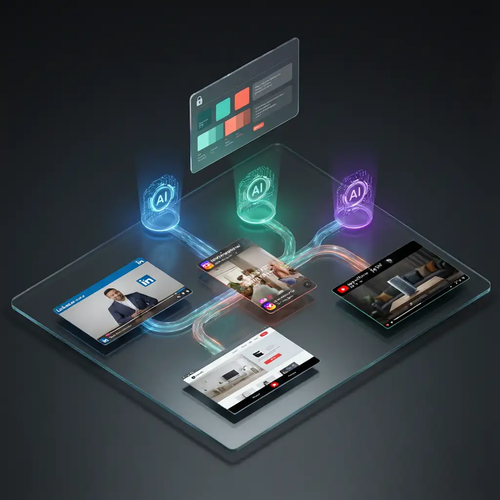 VoooAI content marketing workflow automation canvas showing brief-to-video pipeline with three parallel AI rendering engines and brand style sheet locking