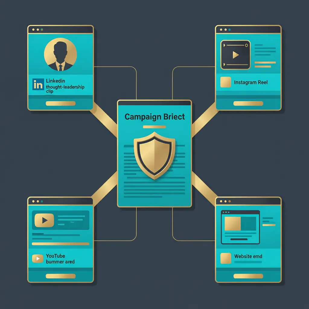 VoooAI workflow canvas displaying multi-channel video campaign output across LinkedIn Instagram YouTube and website with consistent brand governance