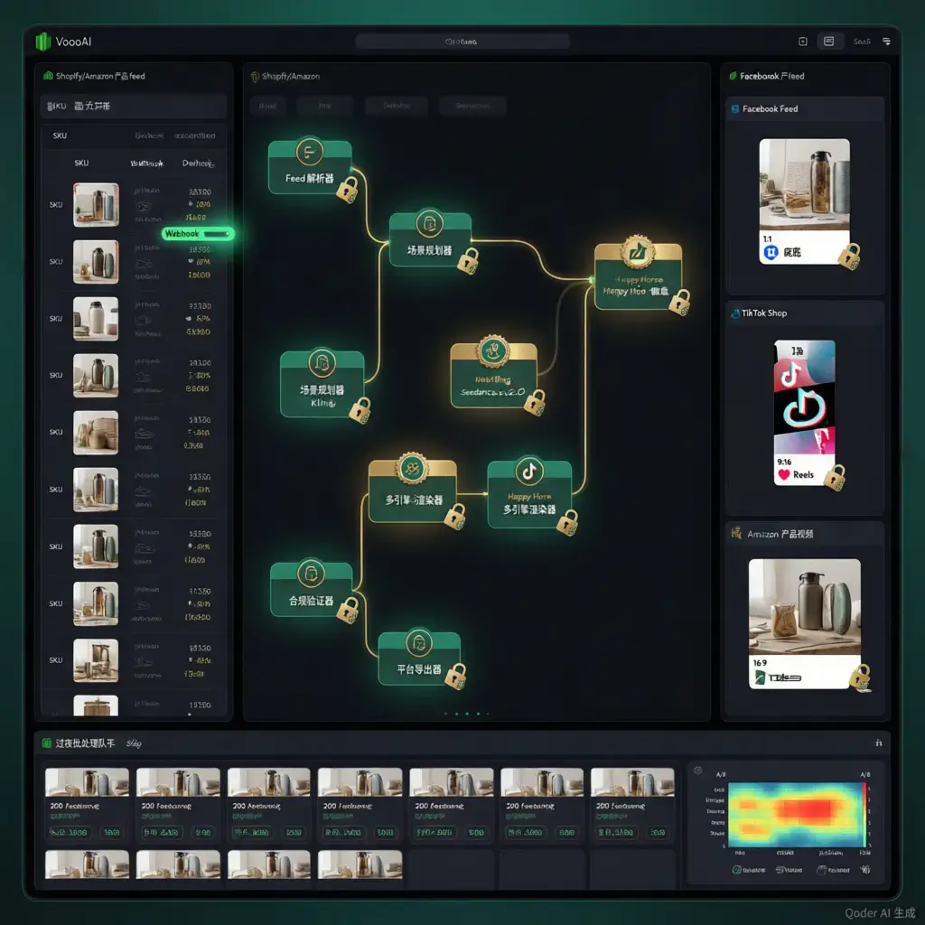 Ecommerce video workflow automation dashboard showing product feed to platform-native ad pipeline